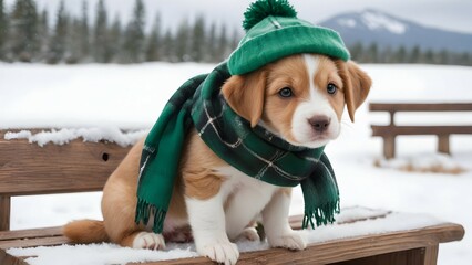 A small brown and white puppy sitting on a wooden bench, its ears poking out from under a fuzzy green hat and its neck wrapped in a plaid scarf, surrounded by a snowy landscape.