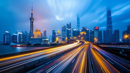 fictional the light trails on the street in shanghai china.