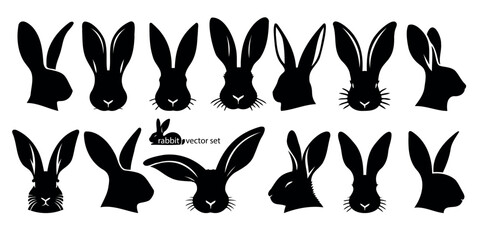 Rabbit head with long ears, black silhouette on a transparent background, vector set for stencil, print..