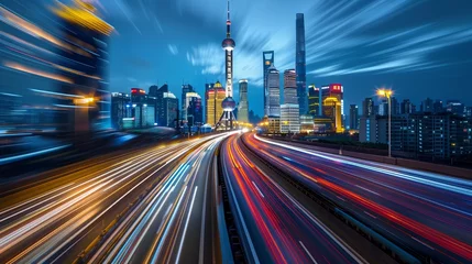 Tuinposter fictional the light trails on the street in shanghai china. © de-nue-pic