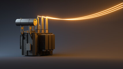 Electrical three-phase transformer on a dark background with neon glowing wires. 3d render	