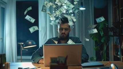 A man sits at a table with a laptop, surrounded by paper dollar bills, symbolizing wealth and...