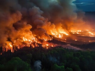 Wildfire raging through a forest at night, large flames and smoke