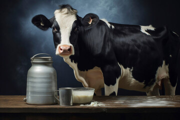 Cow, milk can and other dairy products on a wooden table, rustic style, stylish dark blue background