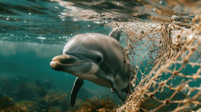 Dolphin caught in fishing net underwater, depicting human waste impact on marine life crisis