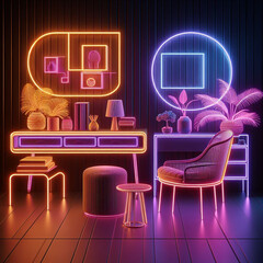 Home Furniture in neon light 3d view Photos