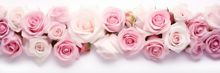 Banner with buds of fresh roses in white and pink colors, flowers in a row on a white background