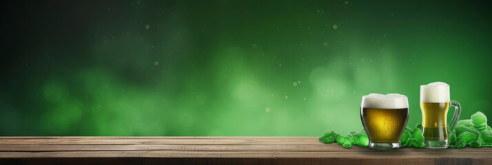 Two mugs of beer with foam on a wooden table on a green background, Saint Patricks day, banner with copy space