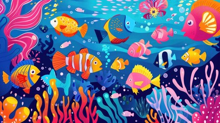 A colorful array of various fish species swimming among vibrant corals in an abstract sea setting