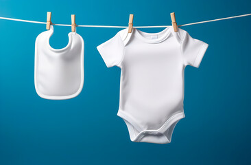 White baby onesie and baby bib hanging on a rope, blue background, copy space