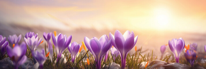 Field with blooming purple crocuses on sunny day, spring banner background