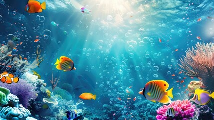 Naklejka na ściany i meble Colorful fish swim among vibrant corals in a sunlit underwater world