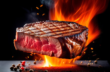 Fresh piece of steak medium rare on the grill, against a backdrop of fire and sparks, black background