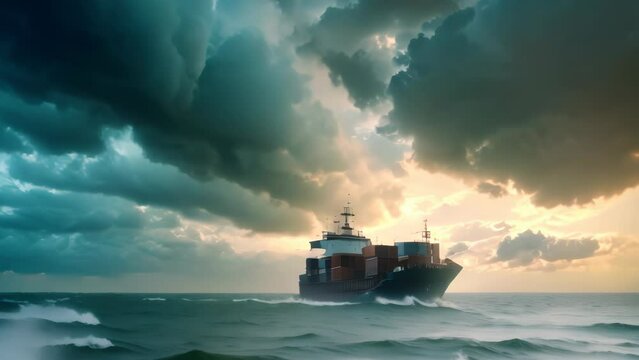 cargo container ship sailing in the ocean with storm