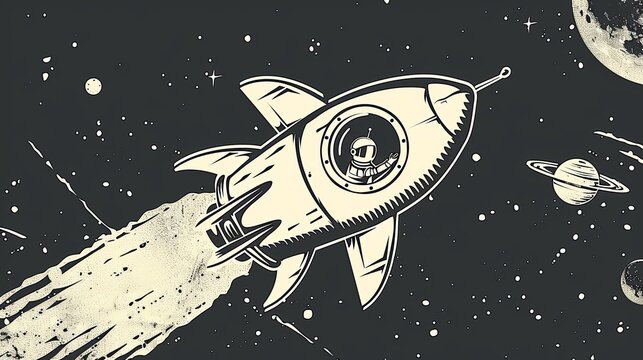 Stencil for children's art. Takeoff of a rocket for exploration into outer space with a child astronaut on board. Dreams of a boy in a drawing. Illustration for varied design.