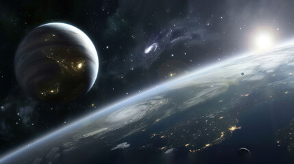 an artist's rendering of an exoplaned planet with a distant star in the foreground and a distant star in the background.