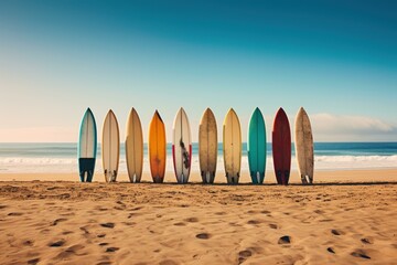 Glossy Row of surfboards on beach. Palm travel. Generate Ai
