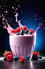 Berry yogurt in a glass with splashes and fresh berries; stylish blue background