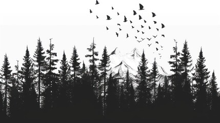 a flock of birds flying over a forest filled with tall pine trees with a mountain in the distance in the distance.