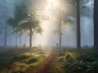Wald mit dichten Nebelschwaden