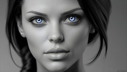 Fototapeta premium Close-up black and white portrait of a brunette woman with blu eyes, pop-art artwork, fashion beauty testimonial