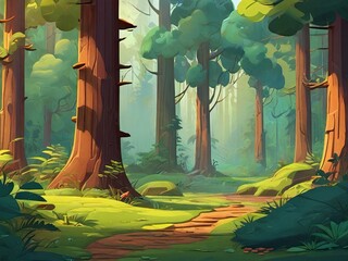 A forest scene in the style of a cartoon.