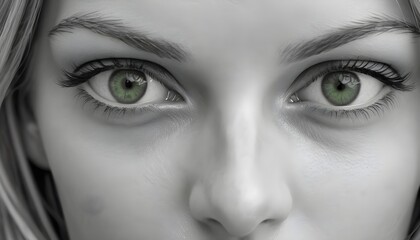 Black and white blonde girl close-up portrait, green eyes
