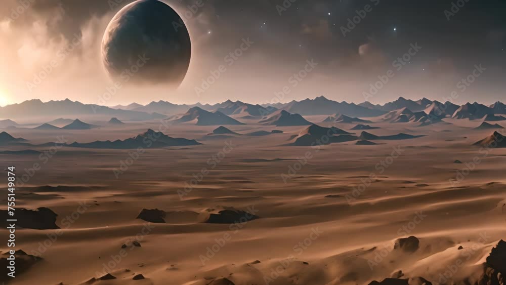Poster alien landscape with mountains and planets generative ai