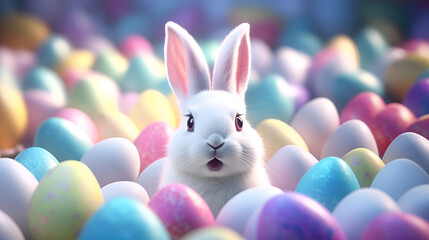 Adorable White Easter Bunny Surrounded by Colorful Eggs, Easter rabbit with pink ears amidst decorated colorful eggs - obrazy, fototapety, plakaty