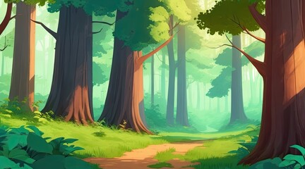 A forest scene in the style of a cartoon.