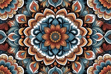 Floral pattern on dark background. Mandala nature-inspired design intricate details. Features hand-drawn flowers leaves swirls in whimsical style. symmetry fabric wallpaper or decorative purposes