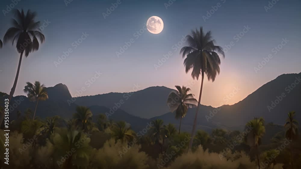 Aufkleber full moon rising over mountain range with palm trees generative ai