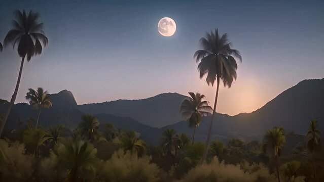 Full Moon Rising Over Mountain Range With Palm Trees Generative AI