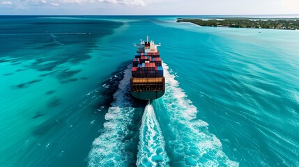 A breathtaking aerial view of a massive container ship navigating through turquoise waters, leaving a white wake behind. - obrazy, fototapety, plakaty