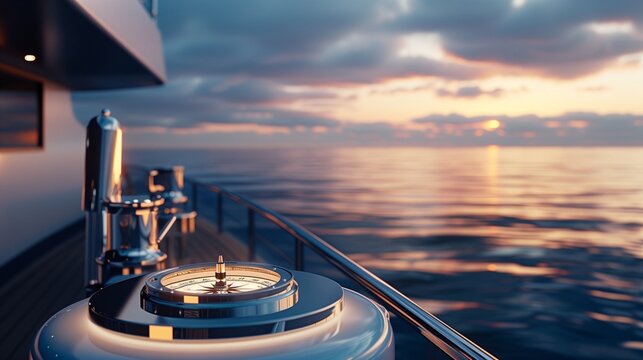 A close-up of a ship's helm at the helm stand, with the compass illuminated by the soft light of dawn. The ocean extends into the horizon, reflecting the morning sky.