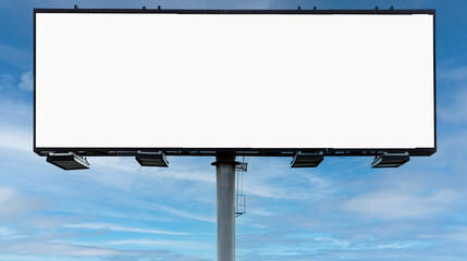 A billboard on a pole with its advertising space in white for use by designers, with a blue sky in the background