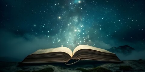 A mystical open book under the night sky unleashing enchanted knowledge. Concept Fantasy, Books, Magic, Night Sky, Enchantment - obrazy, fototapety, plakaty