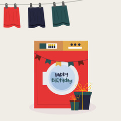  Flat Design  Happy Birthday Illustration with Laundry Machine and Present 