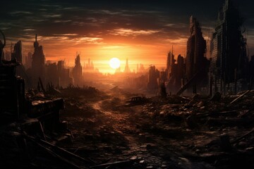 Naklejka premium Crumbling Ruined city. Ruins damage broken. Generate Ai