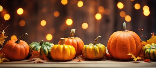 A row of vibrant orange pumpkins, also known as calabaza squash, displayed on a wooden table. These winter squash are a natural food and popular vegetable in local cuisine and creative arts - obrazy, fototapety, plakaty