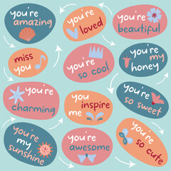 Vector Motivational Collection of stickers with the words you're loved, you're charming