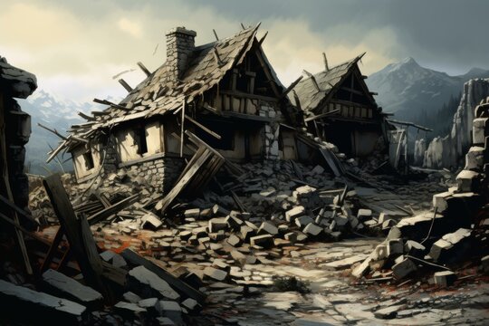 Crumbling Ruined house after earthquake. Insurance concrete. Generate Ai