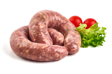 Raw german sausages, Bratwurst sausage, isolated on white background.