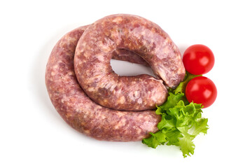 Raw german sausages, Bratwurst sausage, isolated on white background.