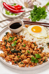 basil chicken stir fry with rice and fried egg