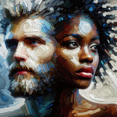 Man and woman. Humanity. Interracial marriage. Color of the skin. Warm relationships. Oil painting, impressionism.