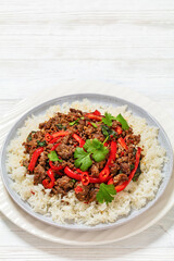 Thai holy basil stir fry with ground beef on plate