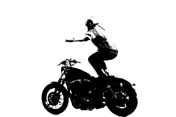 Obraz na płótnie Canvas silhouette of motorcycle man standing on top of motorbike isolated on white transparent background