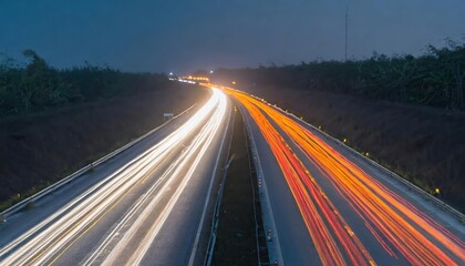 Fototapeta premium Generated image of A highway scene at night, with the glow of tail lights stretching into the distance