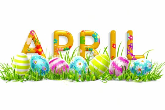 The word "APRIL" in bold letters made of colorful Easter eggs on the grass with easter decorations Generative AI